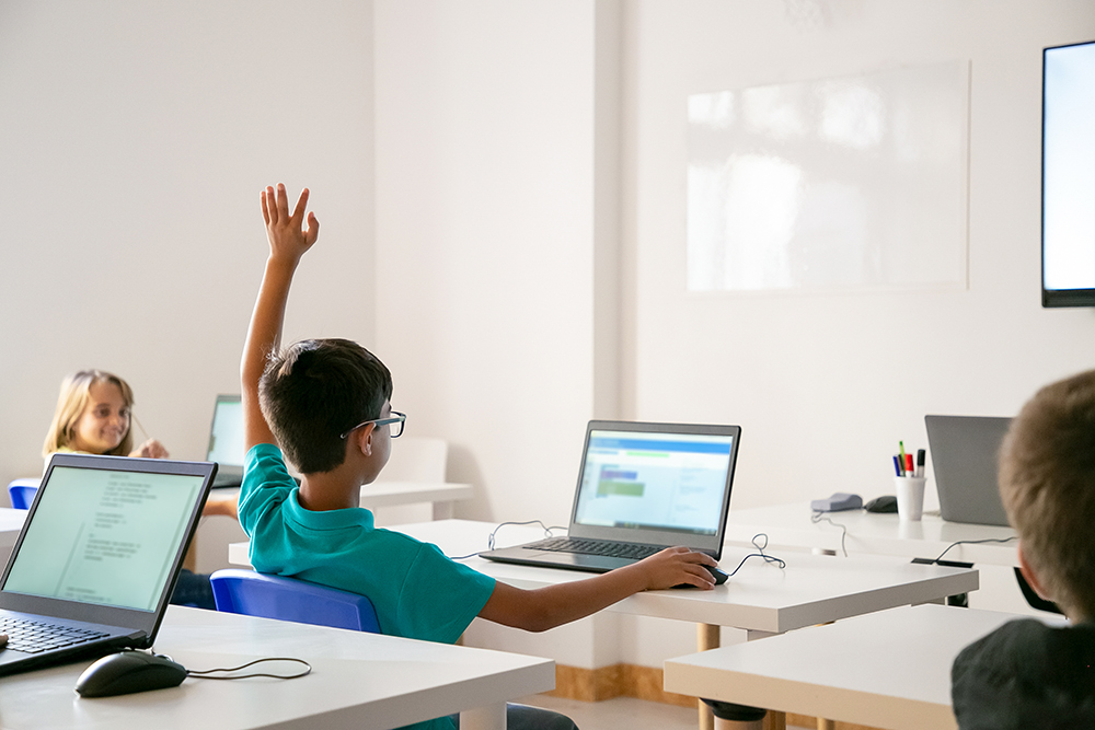 Mixed-race boy in glasses rising hand for answer during lesson